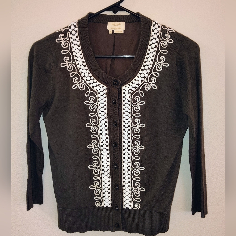 KATE SPADE BROWN BEADED CARDIGAN ~ SIZE: SMALL